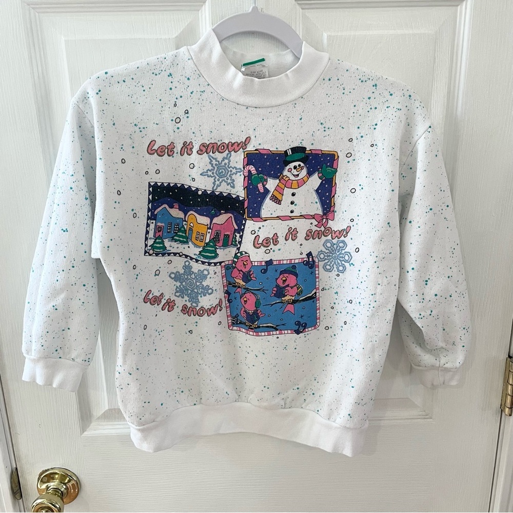 Kids Large Size 14 Vintage BASIC COLORS Snowman Christmas crewneck sweatshirt